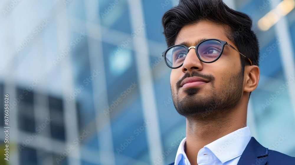 Fototapeta premium A man wearing glasses and a blue suit is looking up at the camera. He is confident and focused