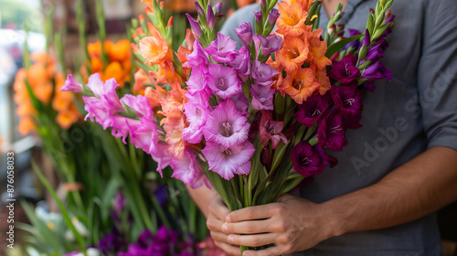 Wallpaper Mural One hand holding a large bouquet of purple and orange pionies made by a florist. modern long shape, modern look. coffeeshop Torontodigital.ca