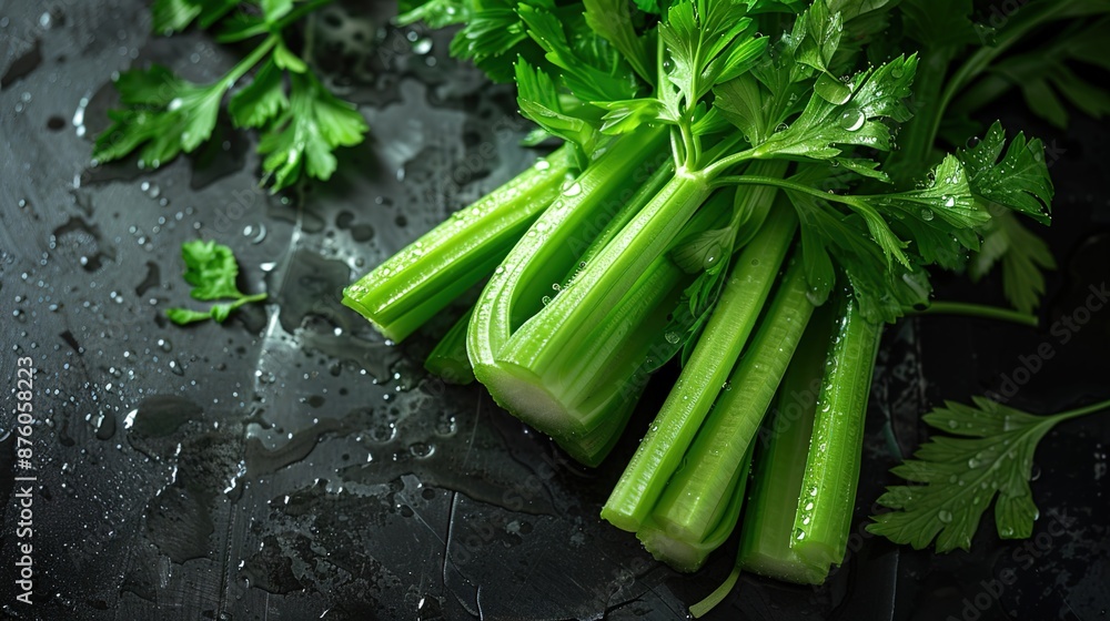Obraz premium Fresh Green Celery Stalks with Water Droplets on Dark Textured Background