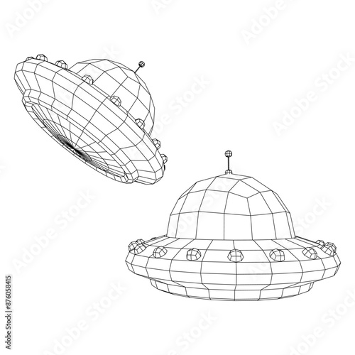 UFO vehicle unidentified flying saucer alien ship. Wireframe low poly mesh vector illustration