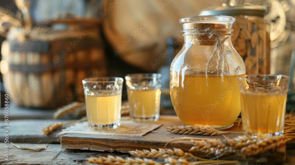Ukrainian liquor named gorilka is made from wheat. It is served in a see-through jar and glasses on a cutting board with a blurry backdrop. Ukrainian liquor named gorilka is made from wheat. It is served in a see-through jar and glasses on a cutting board with a blurry backdrop.