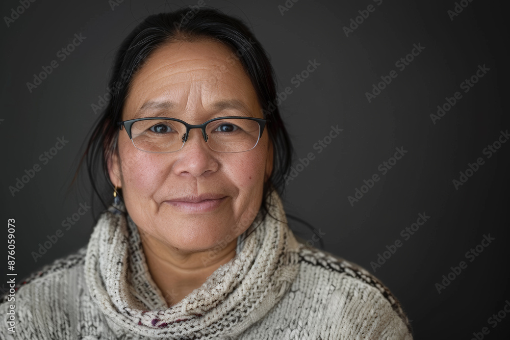Close-up portrait of elderly Indigenous woman, studio photo, against a sleek gray studio backdrop Close-up portrait of elderly Indigenous woman, studio photo, against a sleek gray studio backdrop