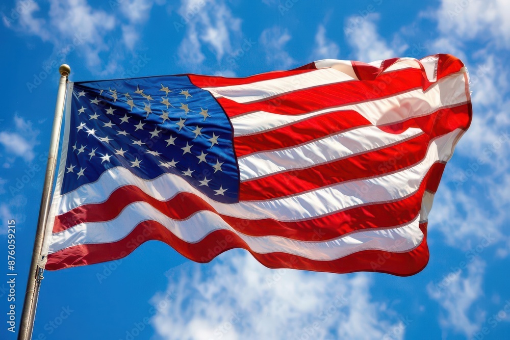 Fototapeta premium majestic american flag billowing proudly in the wind stars and stripes vivid against a bright blue sky symbolizing freedom and patriotism in a dynamic composition