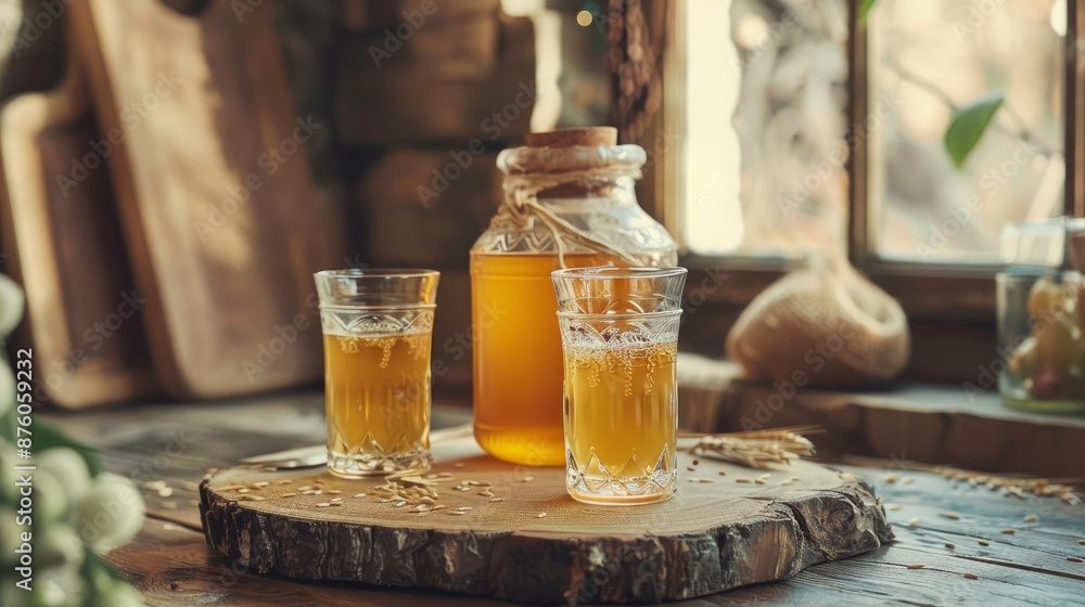Ukrainian liquor named gorilka is made from wheat. It is served in a see-through jar and glasses on a cutting board with a blurry backdrop. Ukrainian liquor named gorilka is made from wheat. It is served in a see-through jar and glasses on a cutting board with a blurry backdrop.