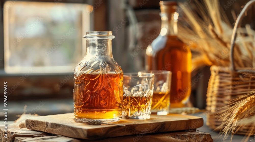 Ukrainian liquor named gorilka is made from wheat. It is served in a see-through jar and glasses on a cutting board with a blurry backdrop. Ukrainian liquor named gorilka is made from wheat. It is served in a see-through jar and glasses on a cutting board with a blurry backdrop.