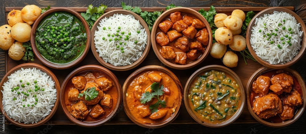 Indian Food Platter with Rice, Curries, and Fried Bread Indian Food Platter with Rice, Curries, and Fried Bread