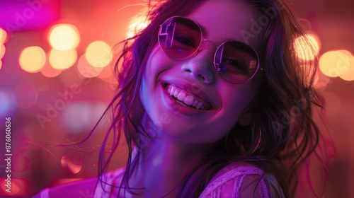 Woman Wearing Sunglasses Smiles in Nightclub With Pink and Purple Lights. Generative AI