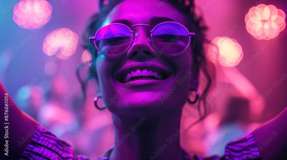 Happy Woman Dancing At Nightclub Under Colorful Lights. Generative AI Happy Woman Dancing At Nightclub Under Colorful Lights. Generative AI