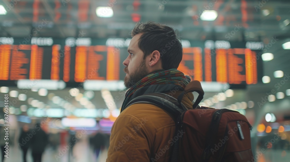 Man With Backpack Waiting At Airport Terminal. Generative AI Man With Backpack Waiting At Airport Terminal. Generative AI