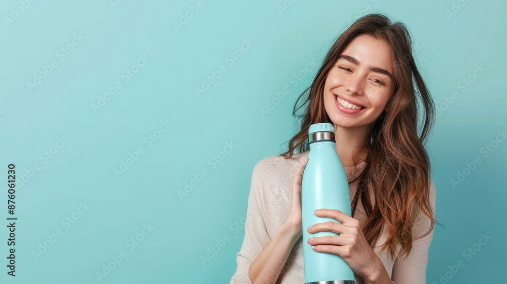 Woman holds insulated water bottle in light blue background. Put your own words here Woman holds insulated water bottle in light blue background. Put your own words here
