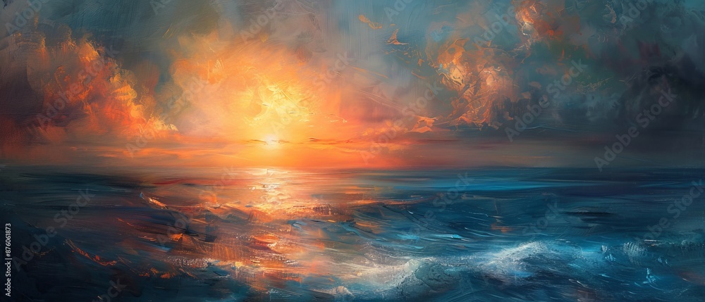 A painting of a sunset over the ocean with a few birds flying in the sky A painting of a sunset over the ocean with a few birds flying in the sky
