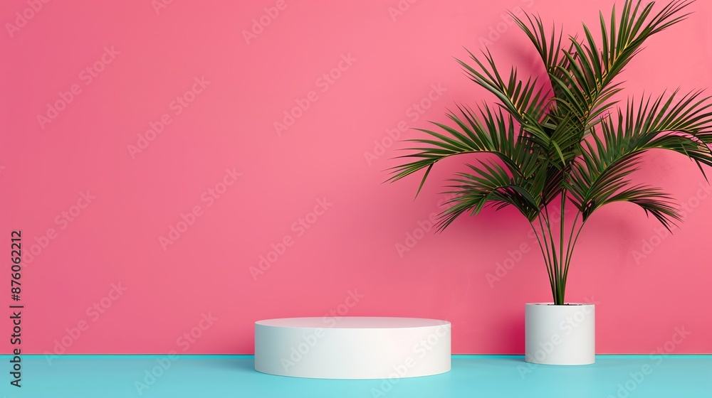 A simple geometric podium mockup set against a bright with complementary colors, perfect for creating striking and eye-catching visuals for advertising presentations. Clean and Clear Color, Realistic A simple geometric podium mockup set against a bright with complementary colors, perfect for creating striking and eye-catching visuals for advertising presentations. Clean and Clear Color, Realistic