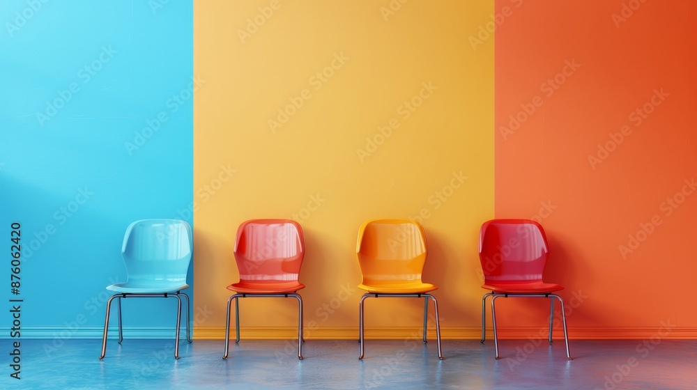 Four chairs are sitting in front of a wall with a blue stripe Four chairs are sitting in front of a wall with a blue stripe