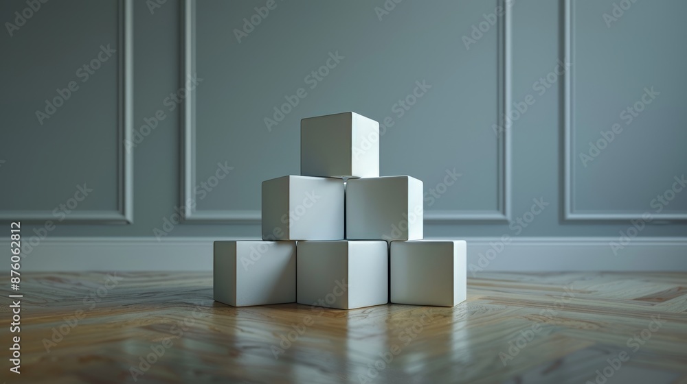 A stack of white boxes is on a wooden floor A stack of white boxes is on a wooden floor