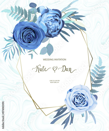 Floral frame with eucalyptus branches, blue roses and peony. Wedding invitation, save the date, rsvp, invite card. Vector illustration. Celebration vintage template