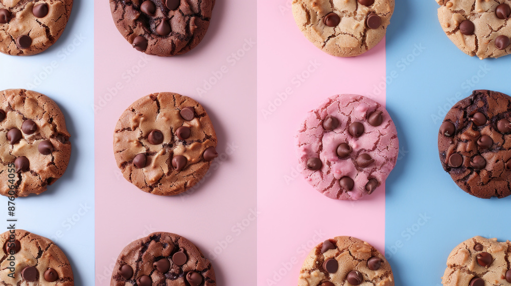 Obraz premium Assortment of chocolate chip and double chocolate cookies organized on a pink and blue background. One of the cookies on the pink side is slightly broken, offering a unique touch.