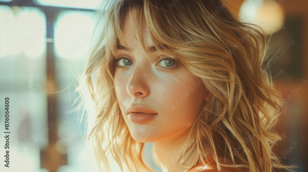 Woman With Blonde Hair Looking Over Shoulder In Warm Sunlight. Generative AI Woman With Blonde Hair Looking Over Shoulder In Warm Sunlight. Generative AI
