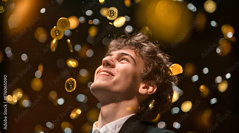 young man wearing a graduation cap, celebrating his success and smiling while golden confetti falls around him young man wearing a graduation cap, celebrating his success and smiling while golden confetti falls around him