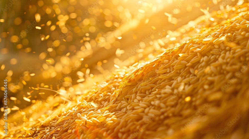 Closeup paddy jasmine rice texture for background and wallpaper in gold color. Thai farmer dry paddy jasmine rice on ground under strong sunlight after harvest and before keep in storeroom. Closeup paddy jasmine rice texture for background and wallpaper in gold color. Thai farmer dry paddy jasmine rice on ground under strong sunlight after harvest and before keep in storeroom.