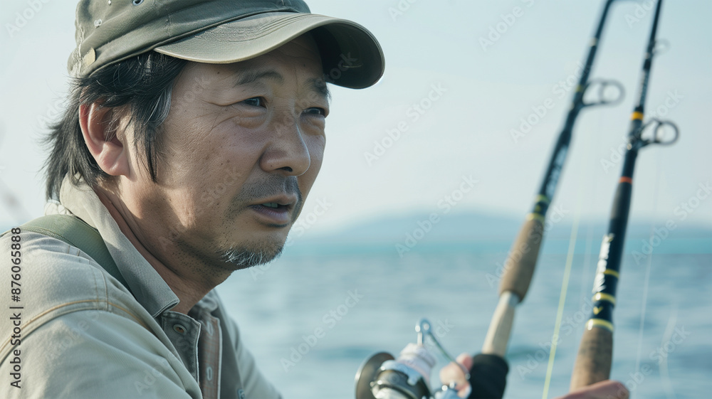 Obraz premium 海釣りをする日本の中年男性
