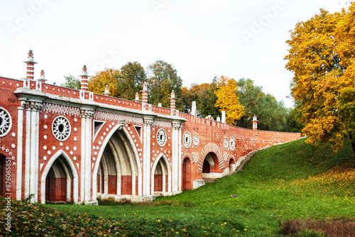 View of the Big bridge over the ravine in palace and park ensemble Tsaritsino in autumn. Moscow, Russia