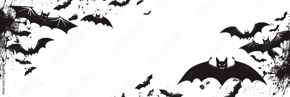 International Bat Night Day. Horizontal banner. Flying bats night , black an white. For children's holiday design, card, invitation, poster. Free space for text International Bat Night Day. Horizontal banner. Flying bats night , black an white. For children's holiday design, card, invitation, poster. Free space for text