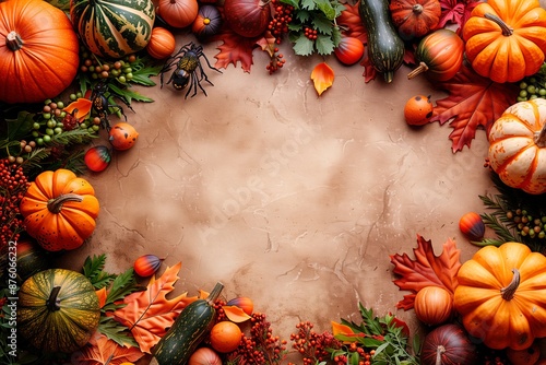 Halloween pumpkins on textured surface. Maple leaves. Top view. Copy space. Natural light