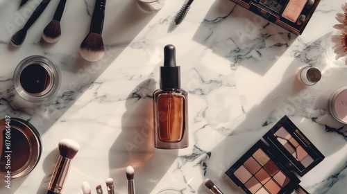 A professional studio shot of a bottle surrounded by neatly arranged makeup items like brushes and eyeshadows photo