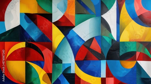 An abstract oil painting with a vivid color scheme, featuring geometric patterns and bold, contrasting colors