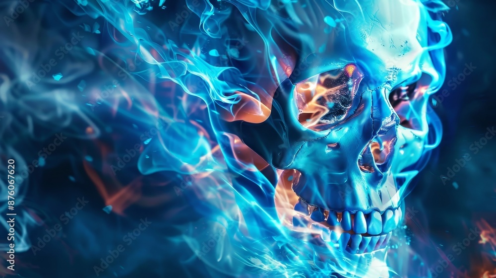 Ethereal glowing skull surrounded by blue mystical smoke Ethereal glowing skull surrounded by blue mystical smoke