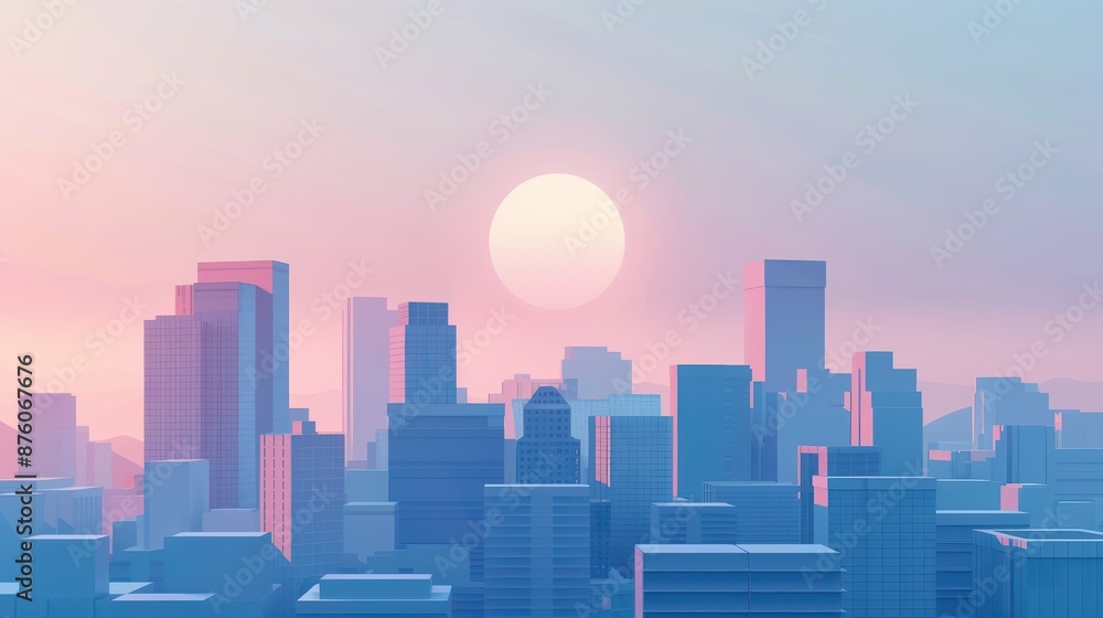Fototapeta premium Minimalist digital artwork of a cityscape at sunrise, featuring simple geometric shapes