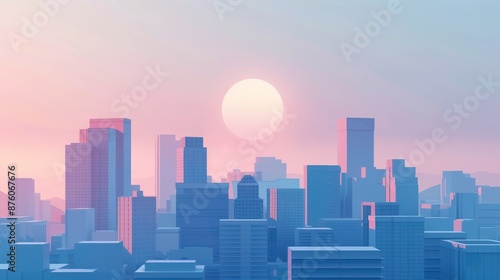 Minimalist digital artwork of a cityscape at sunrise  featuring simple geometric shapes