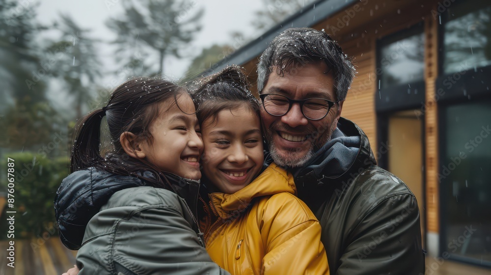 A cheerful family keeping together in the garden on a rainy afternoon, behind them a modern house with minimalistic architecture style A cheerful family keeping together in the garden on a rainy afternoon, behind them a modern house with minimalistic architecture style