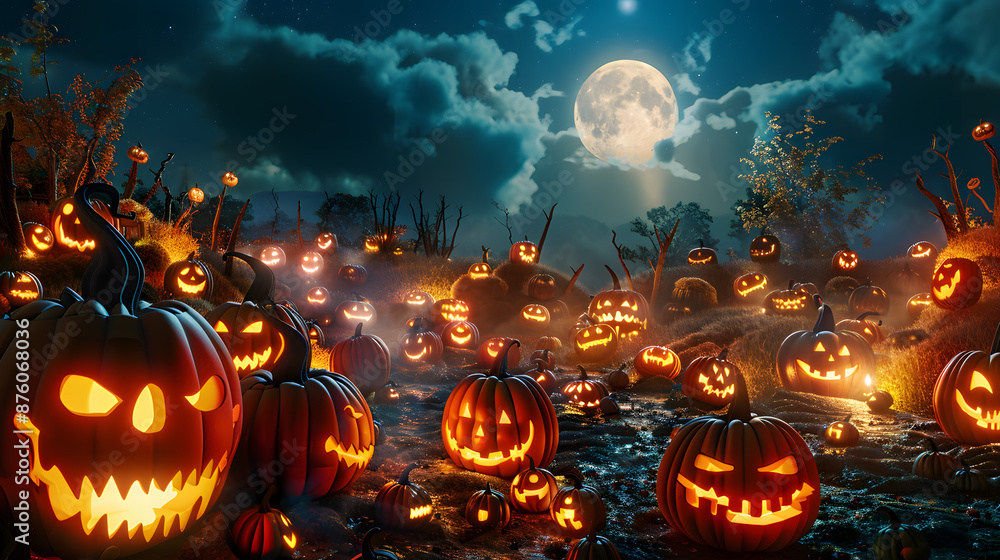 Halloween pumpkins glowing in the dark under a spooky moonlit sky Halloween pumpkins glowing in the dark under a spooky moonlit sky