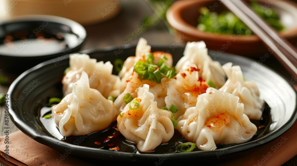 A plate of fluffy steamed dumplings served with soy sauce and chili oil, a favorite dim sum dish. A plate of fluffy steamed dumplings served with soy sauce and chili oil, a favorite dim sum dish.
