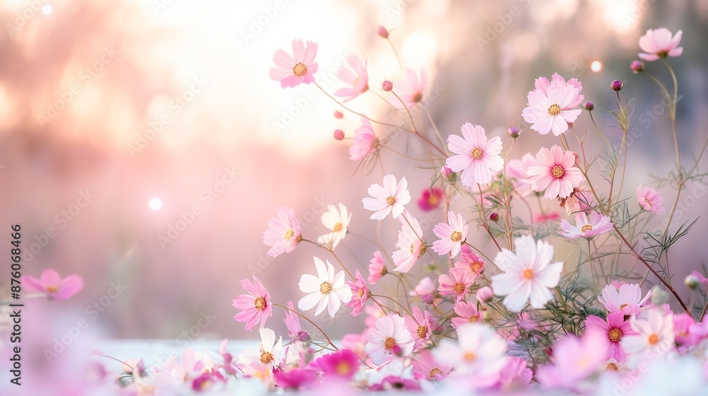 Enchanting Sunset Cosmo Flower Field in Ethereal Light Enchanting Sunset Cosmo Flower Field in Ethereal Light