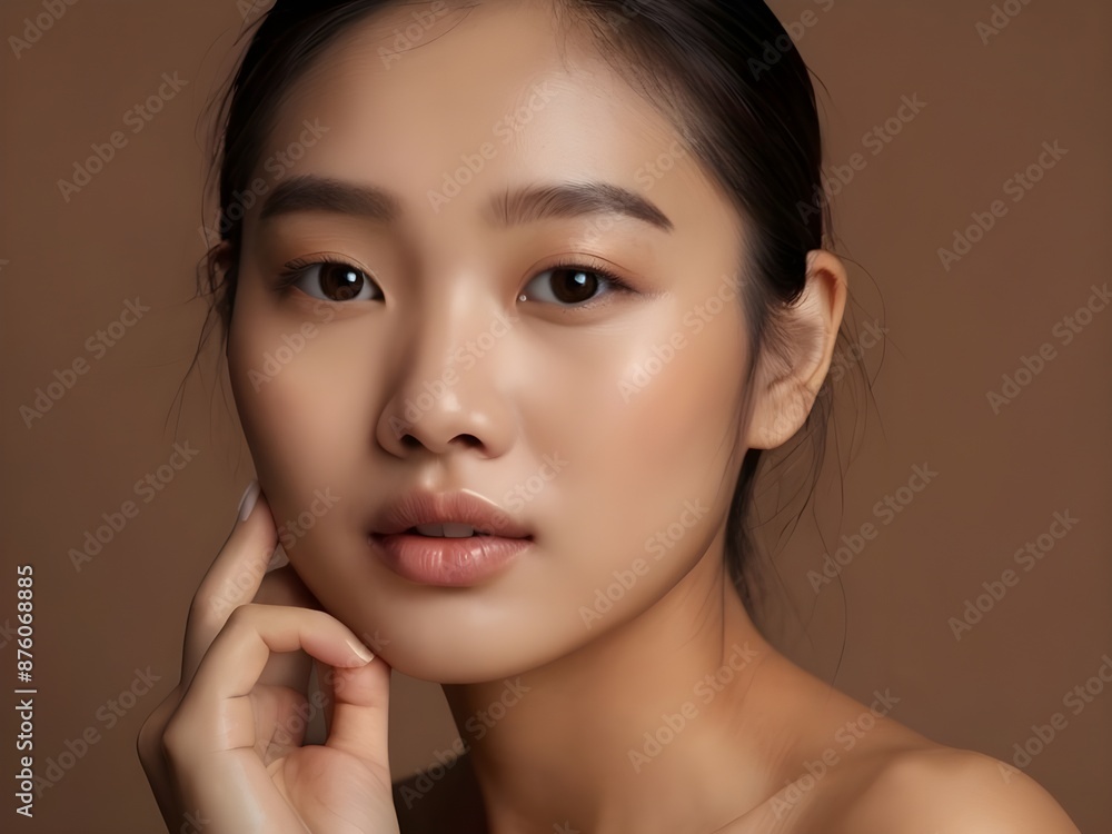 Studio shot of Beautiful young Asian woman with clean fresh skin on brown background Face care Studio shot of Beautiful young Asian woman with clean fresh skin on brown background Face care
