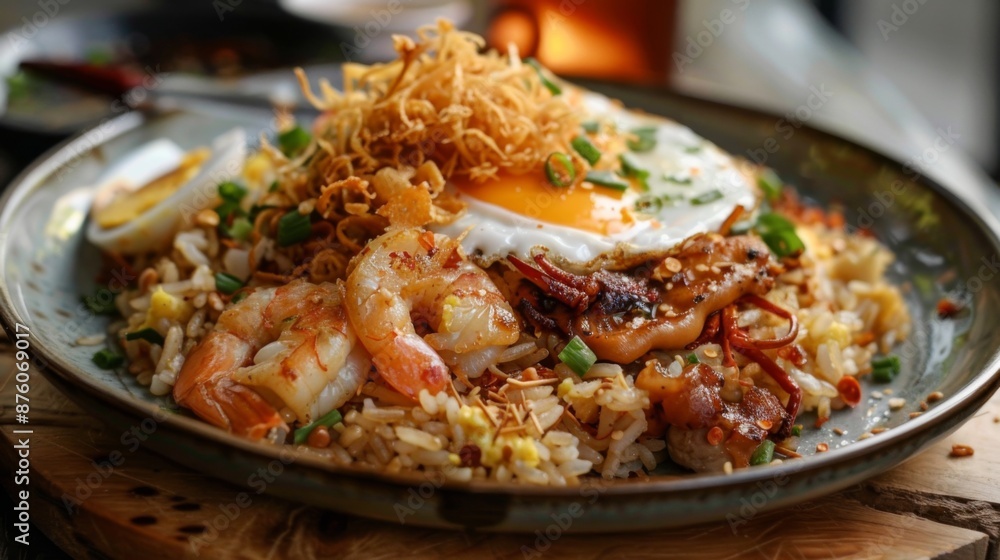 A plate of Indonesian nasi goreng with fried rice, shrimp, chicken, egg, and crispy shallots on top. A plate of Indonesian nasi goreng with fried rice, shrimp, chicken, egg, and crispy shallots on top.