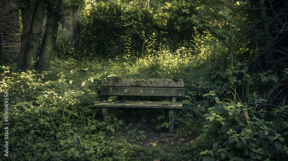A wooden bench is sitting in a lush green forest A wooden bench is sitting in a lush green forest