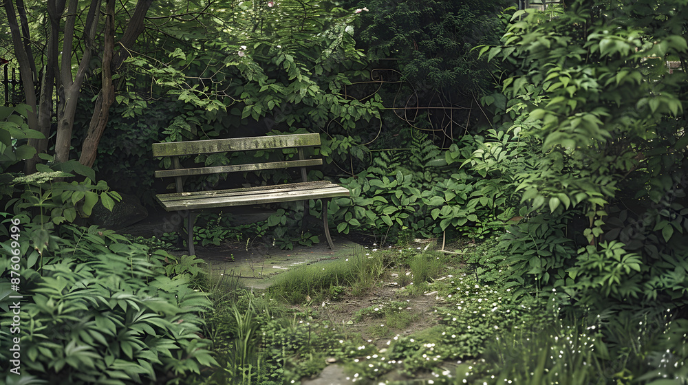 A wooden bench is sitting in a lush green forest