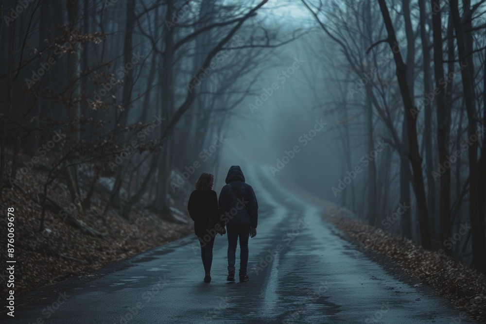 Misty forest path with two figures walking into eerie blue fog. Misty forest path with two figures walking into eerie blue fog.