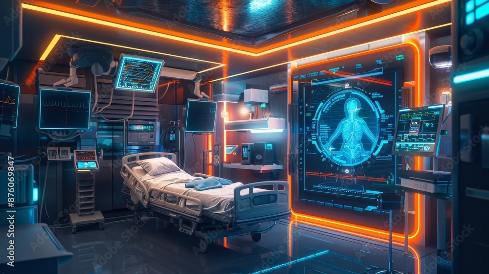 Futuristic control room with advanced digital interfaces and screens