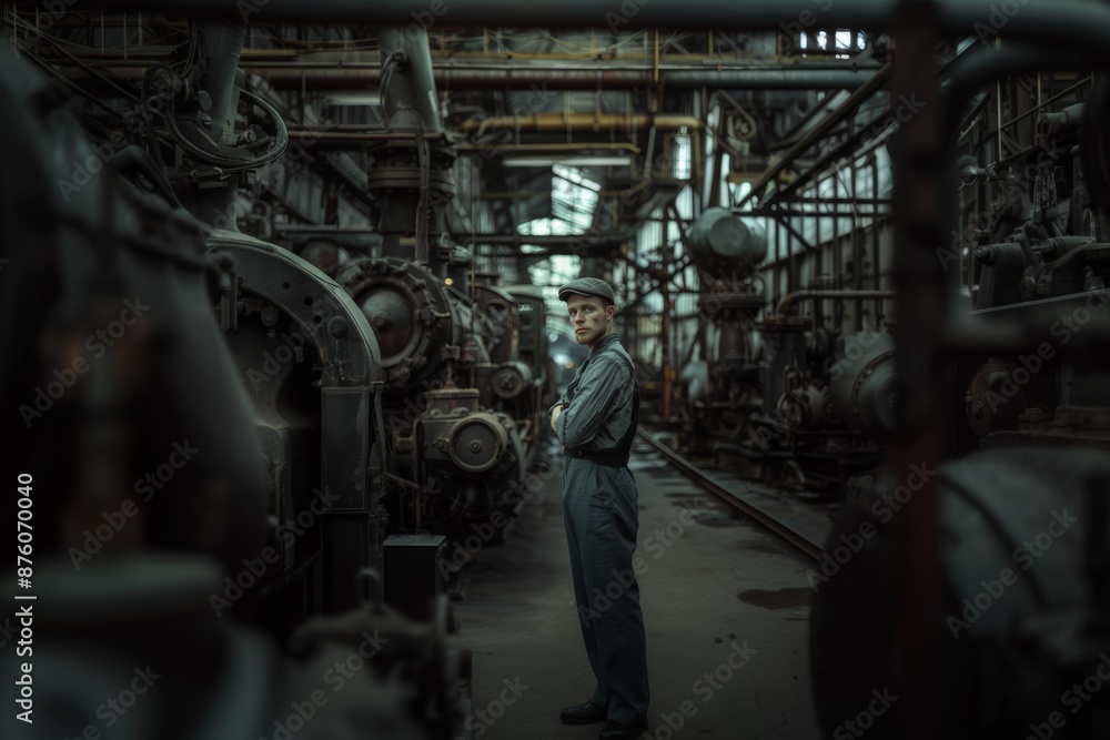 Fototapeta premium Factory worker in vintage attire amid industrial machinery.