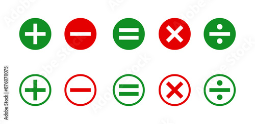 math icon set arithmetic plus minus equals multiply and divide signs on white background. isolated vector symbols of mathematics.