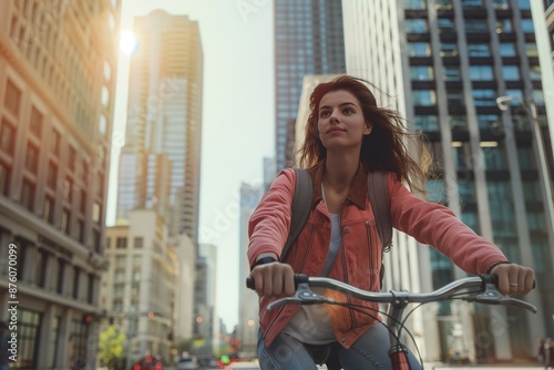 Urban Cyclist: Young Woman Biking in City During Sunset © Viktorikus
