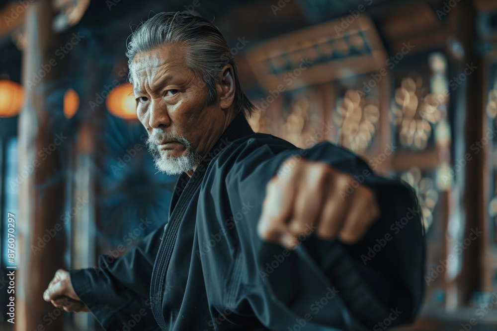 Intense martial arts master in fighting stance, exuding wisdom and strength. Intense martial arts master in fighting stance, exuding wisdom and strength.