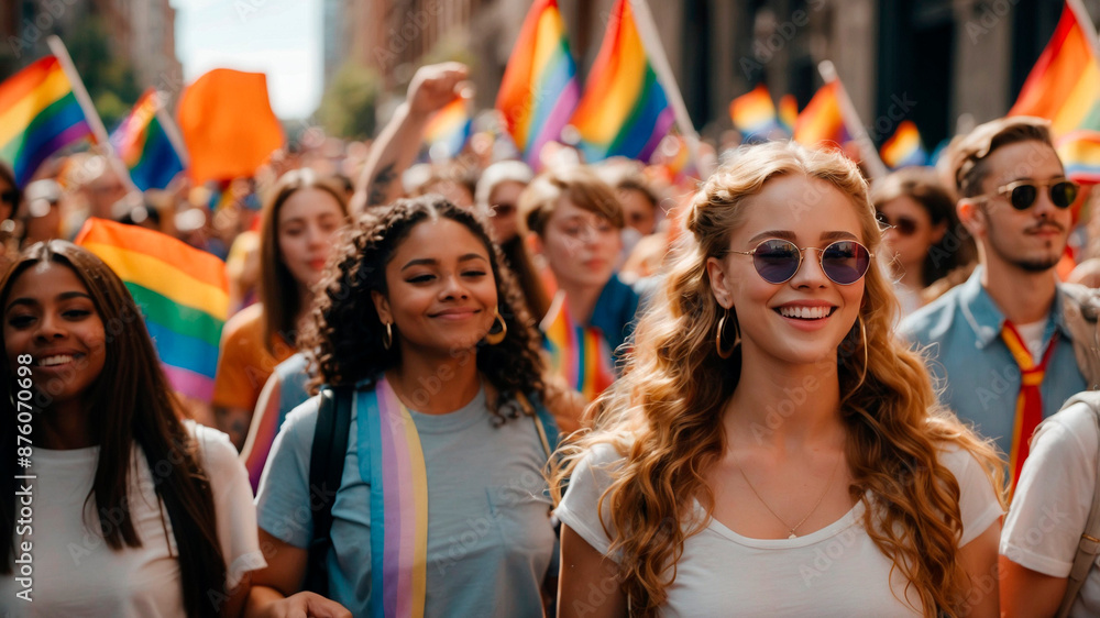 Fototapeta premium Respeito e Inclusão: Jovens Celebrando na Parada do Orgulho LGBT