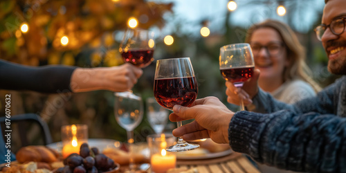 Fototapeta Naklejka Na Ścianę i Meble -  Group of cheerful friends toasting at autumn themed garden party. Eating dinner together by decorated table. Young people having a get together fall evening night.