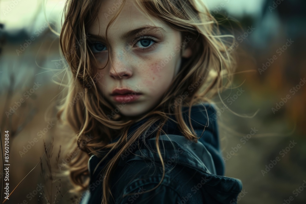 Intense close-up of young girl with striking blue eyes and windswept hair. Intense close-up of young girl with striking blue eyes and windswept hair.