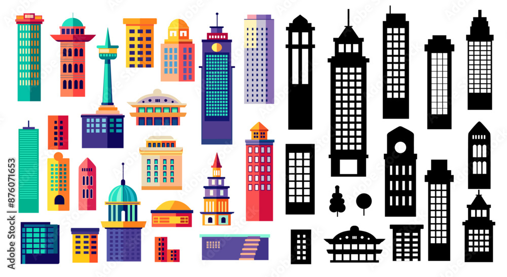 Fototapeta premium Collection of colorful and monochrome city buildings for urban landscape design